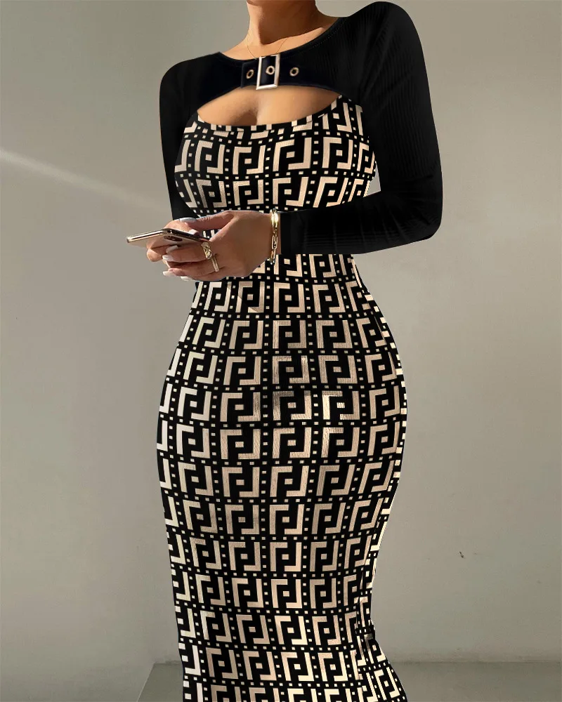 Women Long Sleeve Hollow Out Geo Print Buckle Decor Cutout Bodycon Dress Slim High Waist Evening Party Dress
Women Long Sleeve Hollow Out Geo Print Buckle Decor Cutout Bodycon Dress Slim High Waist Evening Party Dress