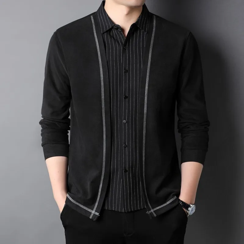 Fake Two Pieces Stripe Knit Shirt Men Korean Fashion Splicing Slim Men Sweater Coat Autumn Vintage Casual Black Knitted Cardigan
Fake Two Pieces Stripe Knit Shirt Men Korean Fashion Splicing Slim Men Sweater Coat Autumn Vintage Casual Black Knitted Cardigan