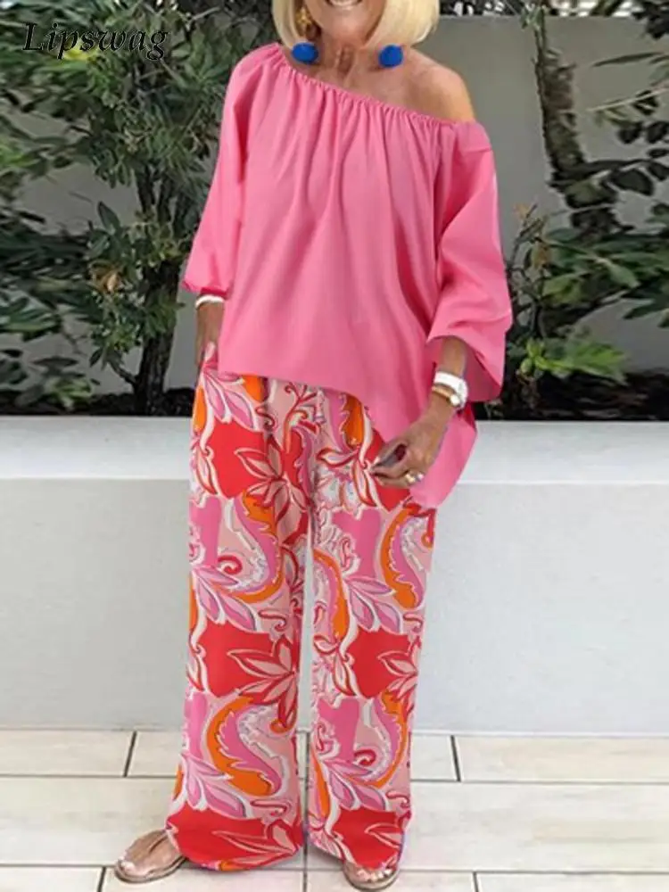 Vintage Print Two Piece Set Women Casual Solid Skew Collar Pullover Tops And Wide Leg Pants Suits Female Elegant Fashion Outfits
Vintage Print Two Piece Set Women Casual Solid Skew Collar Pullover Tops And Wide Leg Pants Suits Female Elegant Fashion Outfits