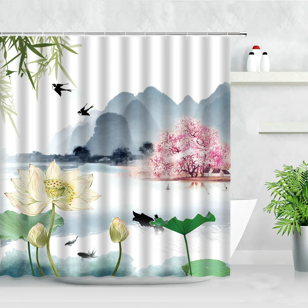 Vintage Style Flowers Shower Curtain Lotus Ink Painting Green Leaf Waterproof Polyester Bath Curtains Bathroom Decor with Hooks
Vintage Style Flowers Shower Curtain Lotus Ink Painting Green Leaf Waterproof Polyester Bath Curtains Bathroom Decor with Hooks