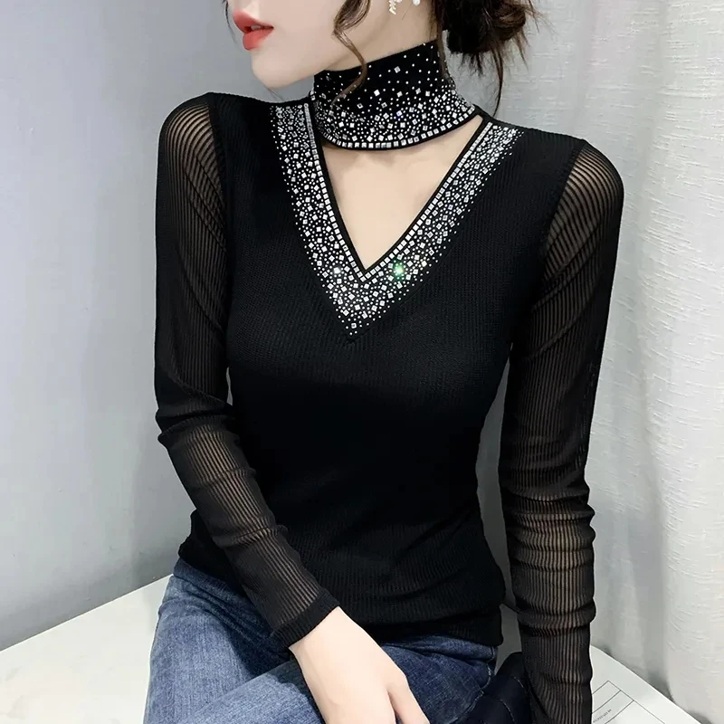 Spring 2023 New Women's Tops Fashion Casual Turtleneck Long Sleeve Hot Drilling Mesh T-Shirt Black Blusas Women Vintage Clothes
Spring 2023 New Women's Tops Fashion Casual Turtleneck Long Sleeve Hot Drilling Mesh T-Shirt Black Blusas Women Vintage Clothes