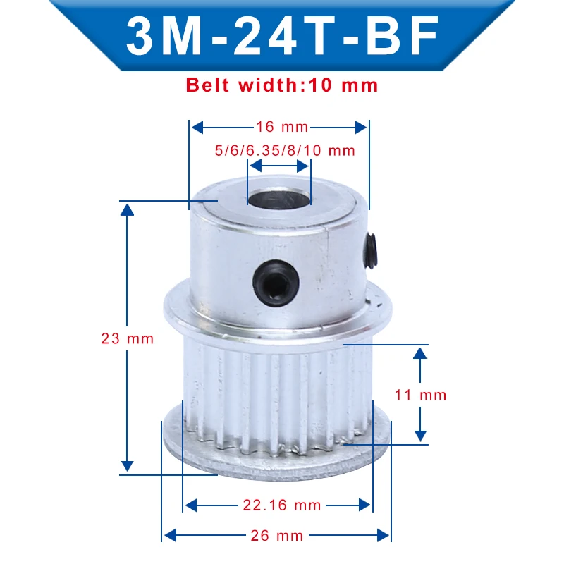 3M-24T Pulley K&BF Shape Bore 5/6/6.35/8/10/12mm Slot Width 11 mm pulley wheel Aluminum Material For Width 10mm 3M-Timing Belt
3M-24T Pulley K&BF Shape Bore 5/6/6.35/8/10/12mm Slot Width 11 mm pulley wheel Aluminum Material For Width 10mm 3M-Timing Belt