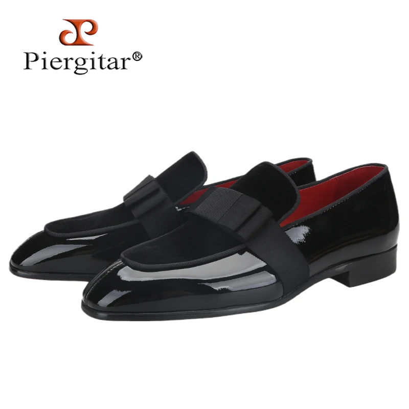 

2023 Black Patent Calfskin And Velvet Hand Stitching Men Dress Shoe With Grosgrain Ribbon Bow Adorns CL Brand Couture Loafer