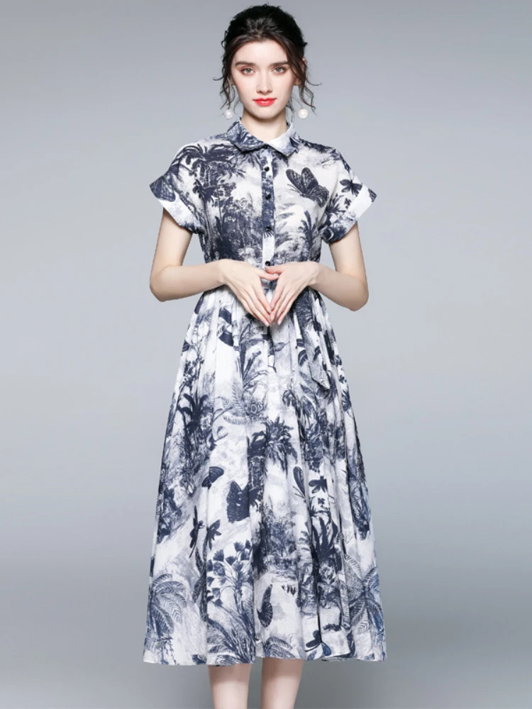 Summer New Ink Print Mid-length Shirt Collar Waisted Large Swing Dress Short-sleeved Dress Elegant Temperament
Summer New Ink Print Mid-length Shirt Collar Waisted Large Swing Dress Short-sleeved Dress Elegant Temperament