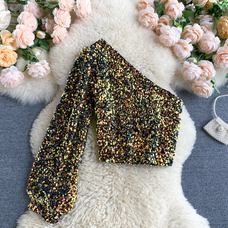 Fall 2022 New Product Oblique Collar T-shirt Strapless Unilateral Puff Sleeve Slim Fit Short Sequined Top
Fall 2022 New Product Oblique Collar T-shirt Strapless Unilateral Puff Sleeve Slim Fit Short Sequined Top