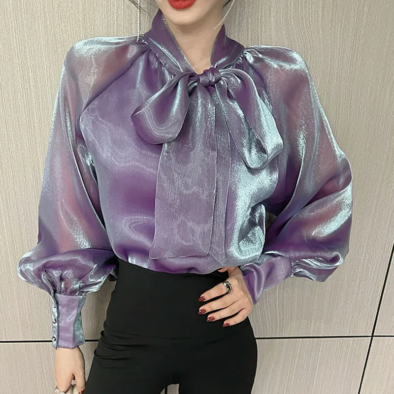 Blouses For Women 2022 Spring Summer Stand Collar Ribbon Bow Bright Mesh Chiffon Chic Loose Blouse Lantern Sleeve Purple Tops
Blouses For Women 2022 Spring Summer Stand Collar Ribbon Bow Bright Mesh Chiffon Chic Loose Blouse Lantern Sleeve Purple Tops