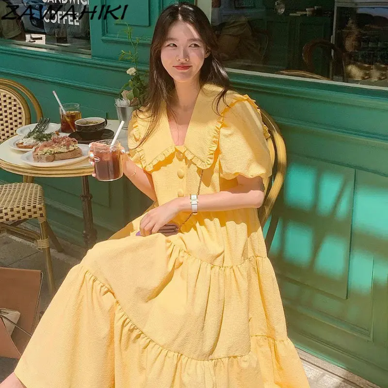 Korean Chic Summer Lemon Yellow Ruffles Peter Pan Collar Long Dress Women Patchwork Short Puff Sleeve Solid Color Loose Vestidos
Korean Chic Summer Lemon Yellow Ruffles Peter Pan Collar Long Dress Women Patchwork Short Puff Sleeve Solid Color Loose Vestidos