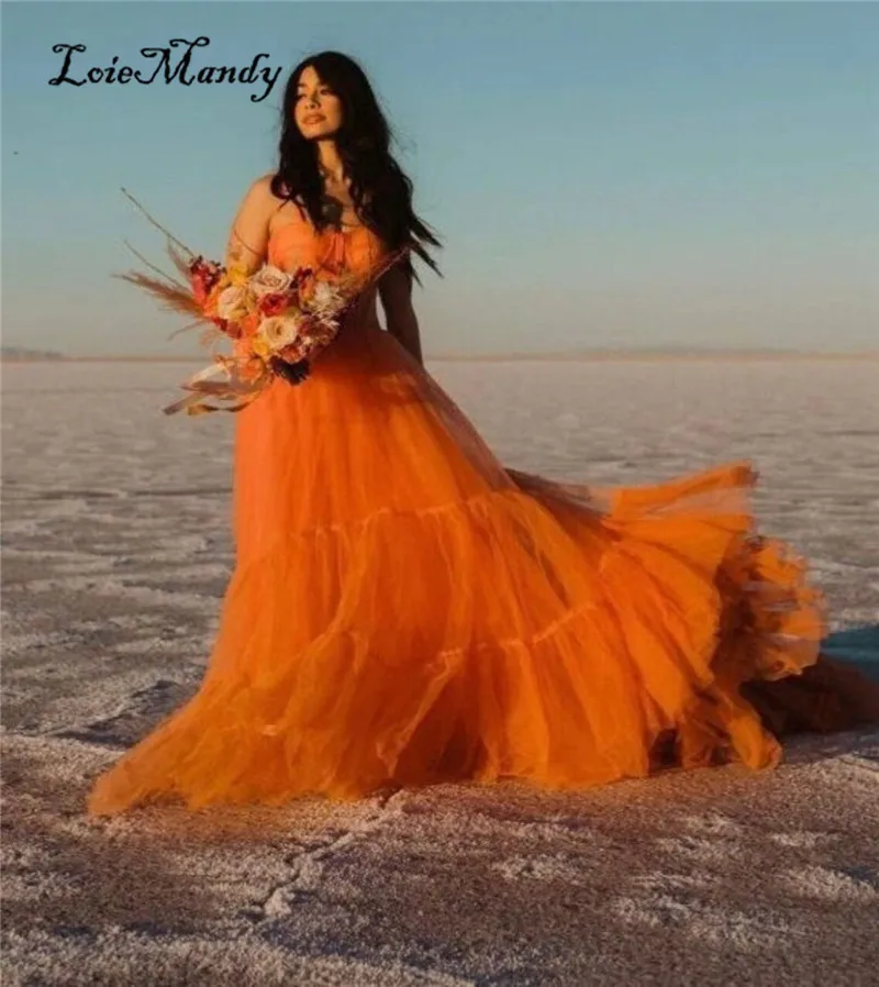 Orange Tulle Evening Dresses Long Tiered Backless Prom Party Gowns For Women Sweep Train A-line Vestidos de noche 
Orange Tulle Evening Dresses Long Tiered Backless Prom Party Gowns For Women Sweep Train A-line Vestidos de noche