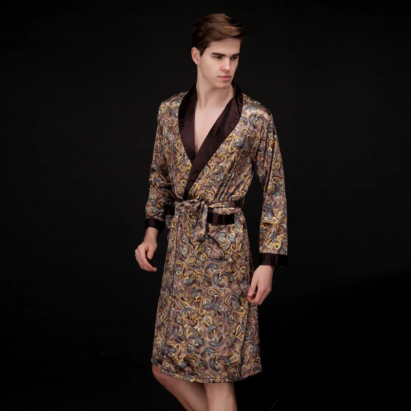 

Men Silk Summer and Autumn Luxury Kimono Satin Bathrobe Print Kn Length Long Slve Coff Bath Robe Dressing Gown Slpwear
