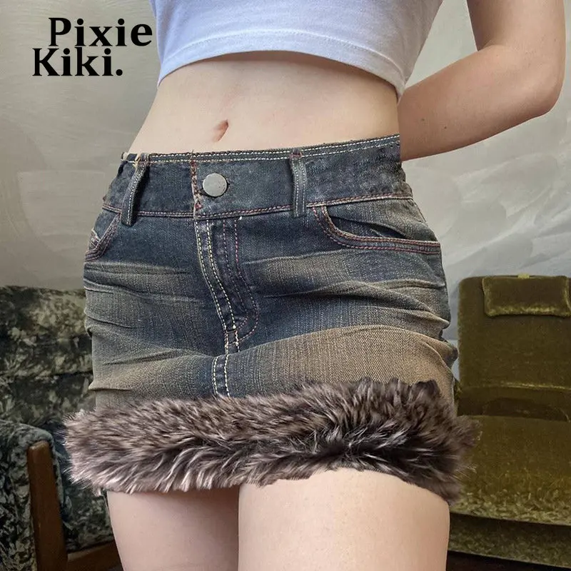 

PixieKiki Furry Faux Fur Hem Low Rise Denim Skirts Y2k Clothes for Women Cute Sexy Jeans Micro Mini Skirt P67-EF40