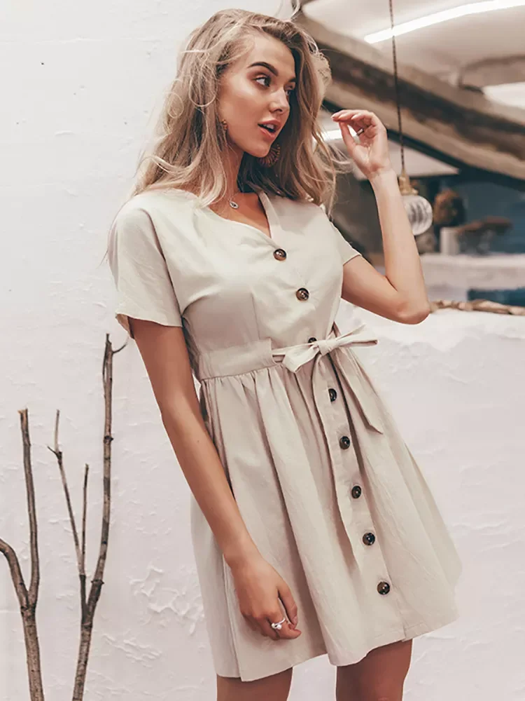 Vintage buttons women dress shirt V neck short sleeve cotton linen short summer office dresses Casual korean vestidos
Vintage buttons women dress shirt V neck short sleeve cotton linen short summer office dresses Casual korean vestidos