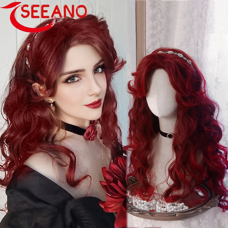 

SEEANO 60cm Synthetic Long Curly Cosplay Wig With Bangs Dark Red Light Blonde Lolita Wig Women Halloween Cosplay Wigs Female