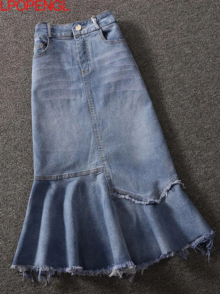 Vintage Women Denim Midi Skirt With Ruffle Streetwear Summer Mid-calf Skirt Jeans Fashion Office Lady Irregular Patchwork Skirt
Vintage Women Denim Midi Skirt With Ruffle Streetwear Summer Mid-calf Skirt Jeans Fashion Office Lady Irregular Patchwork Skirt
