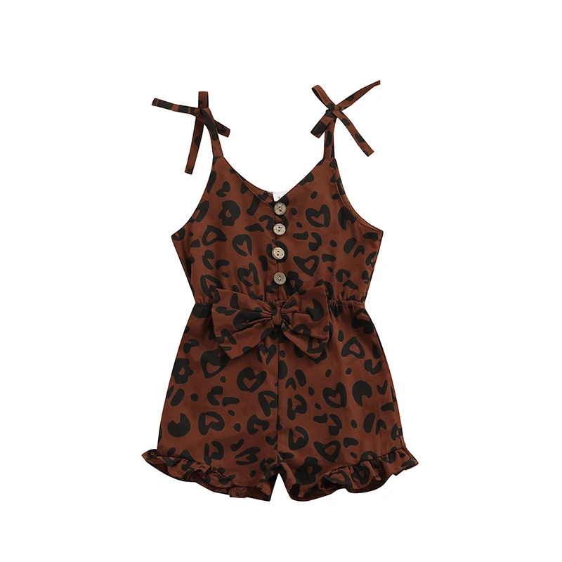 

0-24M Fashion Baby Girl Leopard Romper Summer V Neck Suspender Bow Knot Buttoned Romper Short Pants Kids Children Clothing