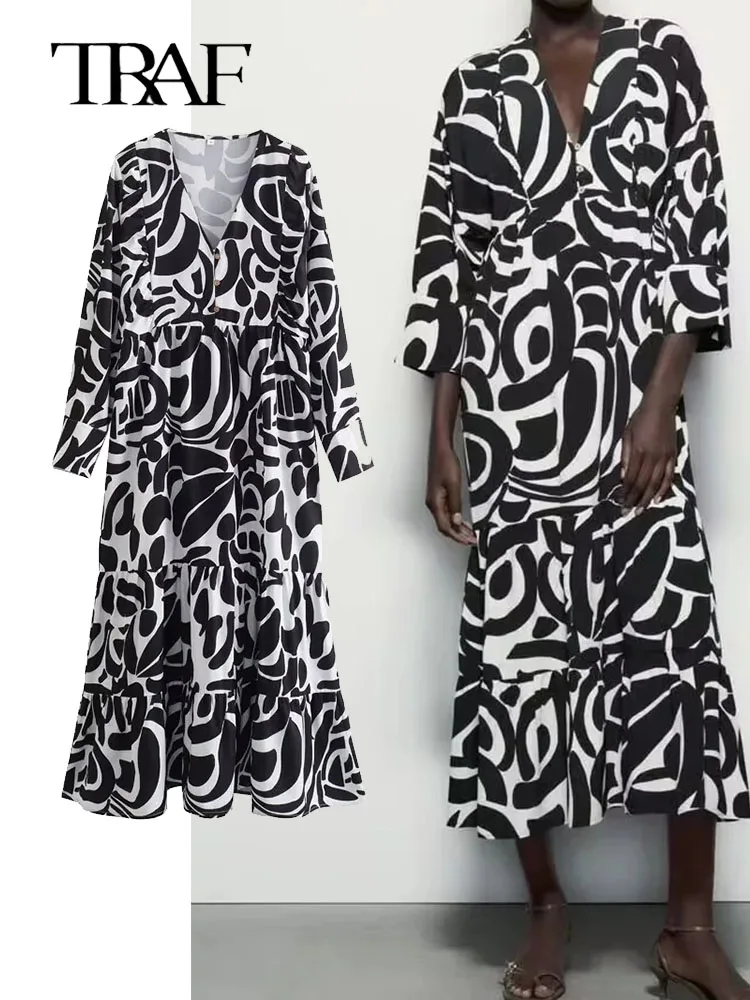 TRAF Women Print Dresses New Fashion Office Ladies Deep V-Neck Long Sleeve Button Decoration A-Line Long Dress 2023 Summer
TRAF Women Print Dresses New Fashion Office Ladies Deep V-Neck Long Sleeve Button Decoration A-Line Long Dress 2023 Summer