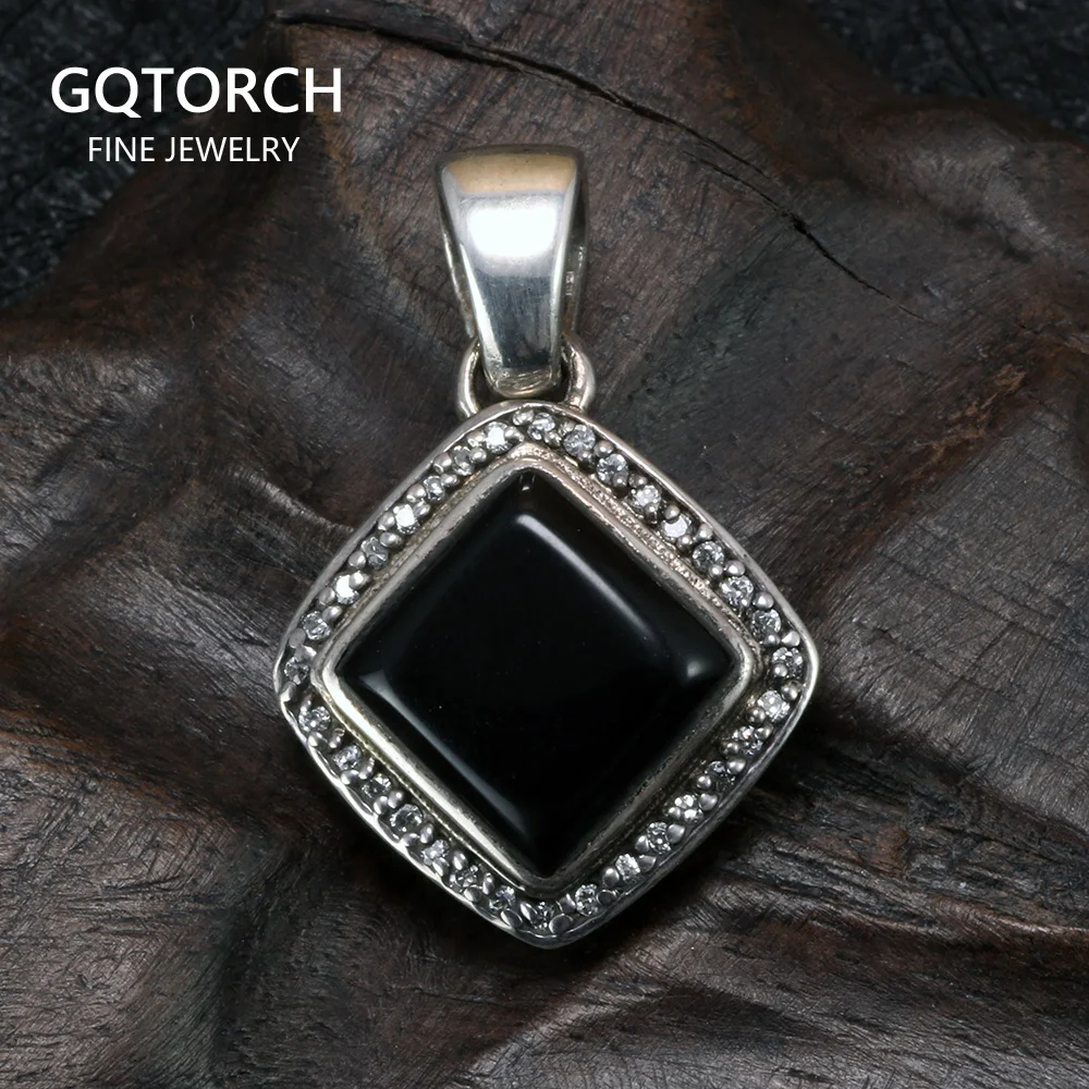 

925 Sterling Silver Pendant For Women Natural Black Onyx Square Shape Antique Thai Silver Micro Paved CZ Fashion Jewelry