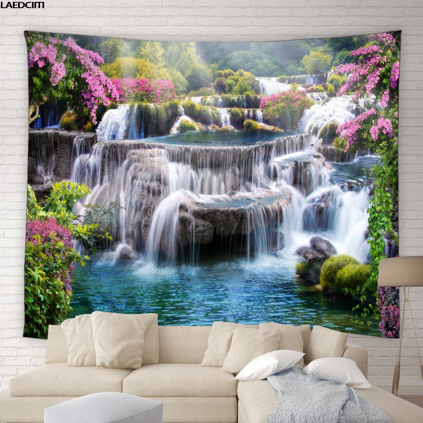 

Waterfall Landscape Tapestry Rural Forest Flower Plant Nature Scenery Wall Hanging Modern Living Room Bedroom Garden Decor Mural