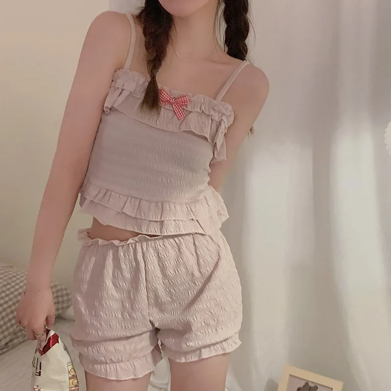 Cute Ruffles Ladies Pijamas Suit Sexy Nightwear Slim Camisole Top&Shorts 2PCS Home Clothes Bow Sweet Sleepwear Intimate Pajamas
Cute Ruffles Ladies Pijamas Suit Sexy Nightwear Slim Camisole Top&Shorts 2PCS Home Clothes Bow Sweet Sleepwear Intimate Pajamas