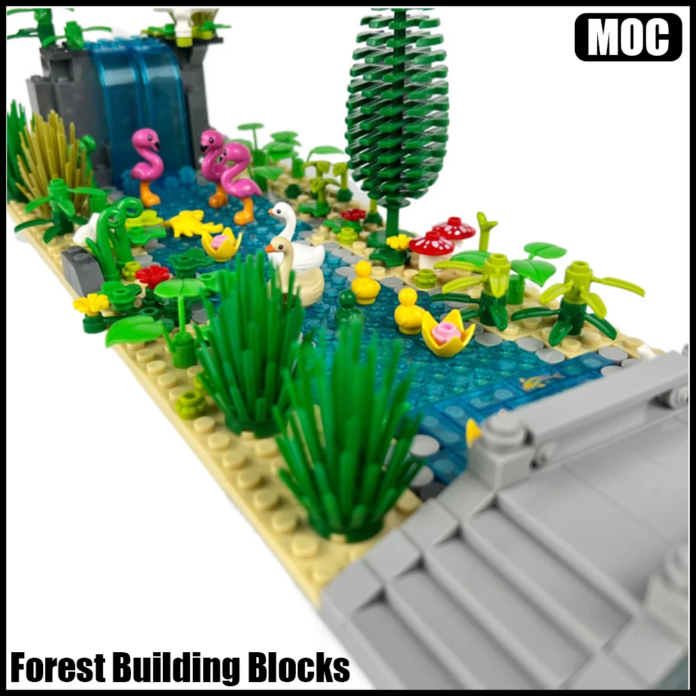 

MOC Forest Scene Building Blocks Animals Bridge Fish Swan Duck Bird River Tree Sea Gull Stream Waterfall Bricks Toys Boys Gift