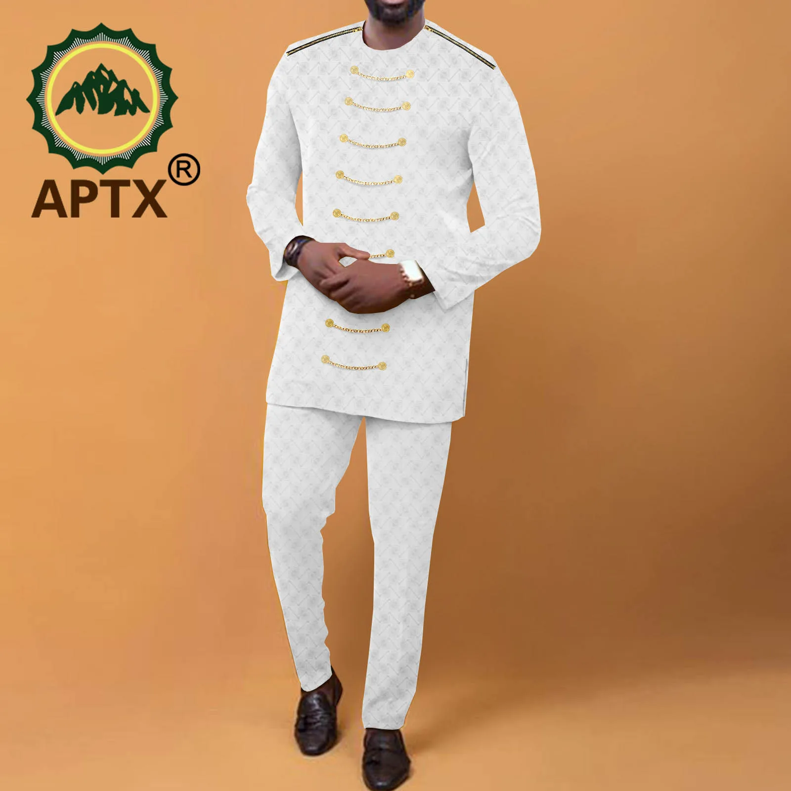

African Men Clothing Dashiki Outfits Tribal Tracksuit Jacquard Shirt with Chain And Pants 2 Piece Set A2216033