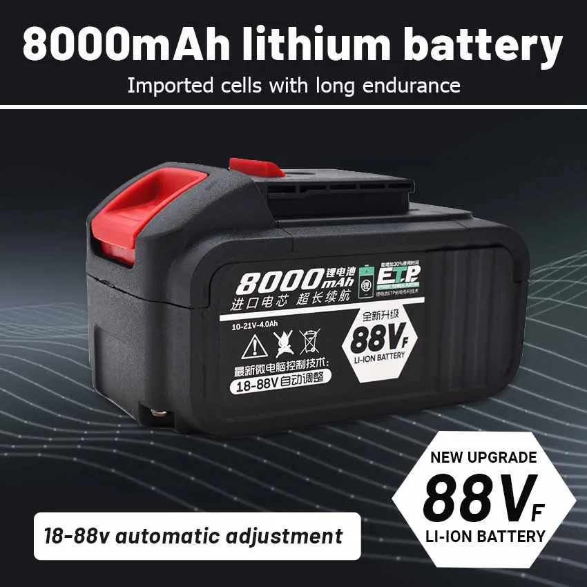 18650 Rechargeable Battery 88V 8Ah Lithium-Ion Series Cordless Drill/Saw/Screwdriver/Wrench/Angle Grinder Brushless Power Tools
18650 Rechargeable Battery 88V 8Ah Lithium-Ion Series Cordless Drill/Saw/Screwdriver/Wrench/Angle Grinder Brushless Power Tools