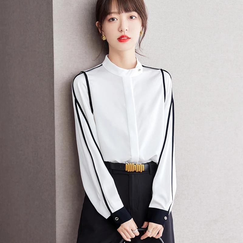 Autumn Women's Long Sleeved Standing Neck Versatile Shirt Sleeve Line Spliced Commuter Chiffon Shirt Camisas Tops Blouse A350
Autumn Women's Long Sleeved Standing Neck Versatile Shirt Sleeve Line Spliced Commuter Chiffon Shirt Camisas Tops Blouse A350