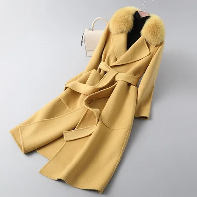 

2023 Woolen fur,New Women's Fashion Long Lamb Woolen Trench Coat With Genuine Fox Fur Collar Elegant Lady Belted Long Overcoat