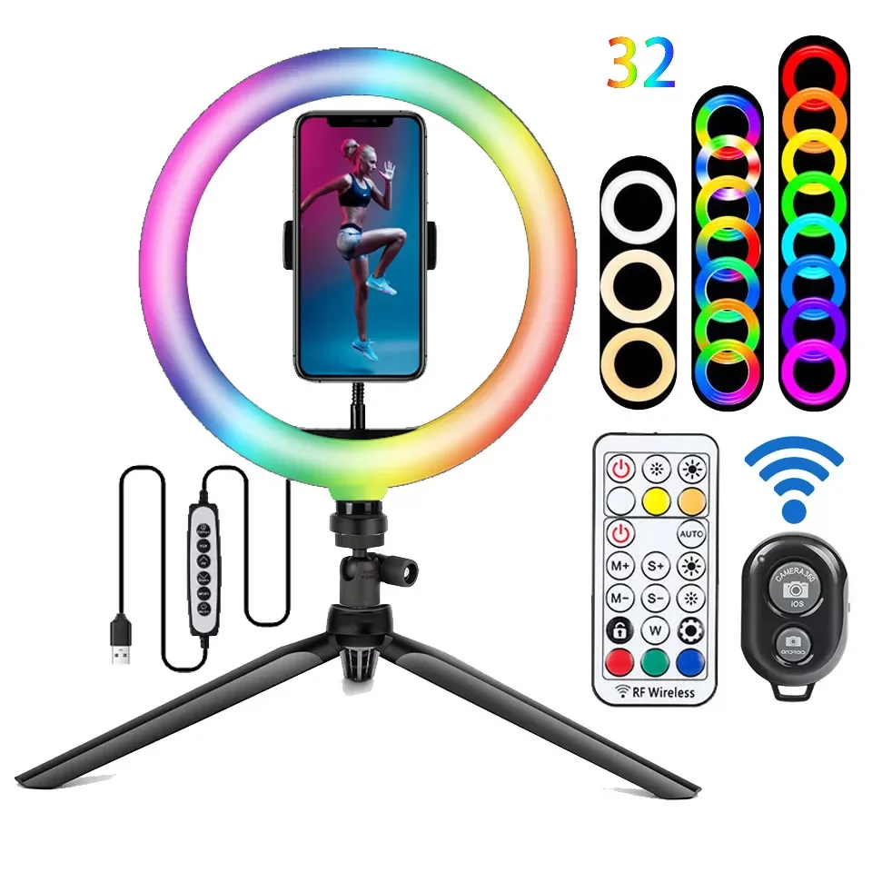 26CM RGB Fill Photography Lighting Phone Ringlight Tripod Stand Photo Led Selfie Remote Control Ring Light Lamp Youtube Live
26CM RGB Fill Photography Lighting Phone Ringlight Tripod Stand Photo Led Selfie Remote Control Ring Light Lamp Youtube Live