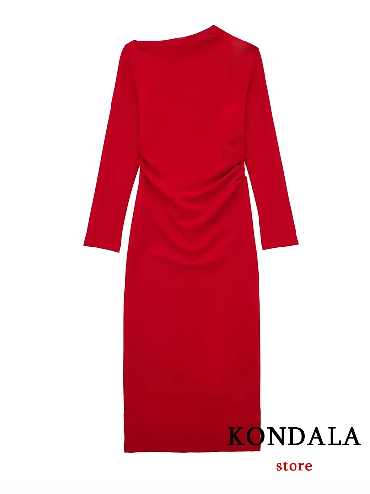 

KONDALA Chic Secy Solid Red Women Long Dresses Long Sleeve Diagonal Collar Sheath Split Dress Fashion 2022 Folds Slim Vestidos