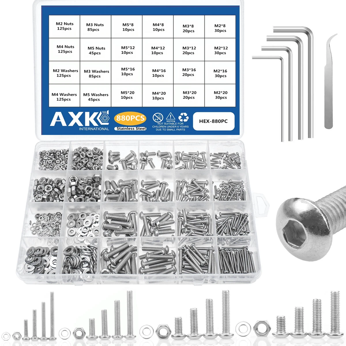 880pcs Hex Socket Button Head Cap Screw M2 M3 M4 M5 Stainless Steel Screws Bolts Nuts Washers Hexagon Set with Allen Wrenches
880pcs Hex Socket Button Head Cap Screw M2 M3 M4 M5 Stainless Steel Screws Bolts Nuts Washers Hexagon Set with Allen Wrenches