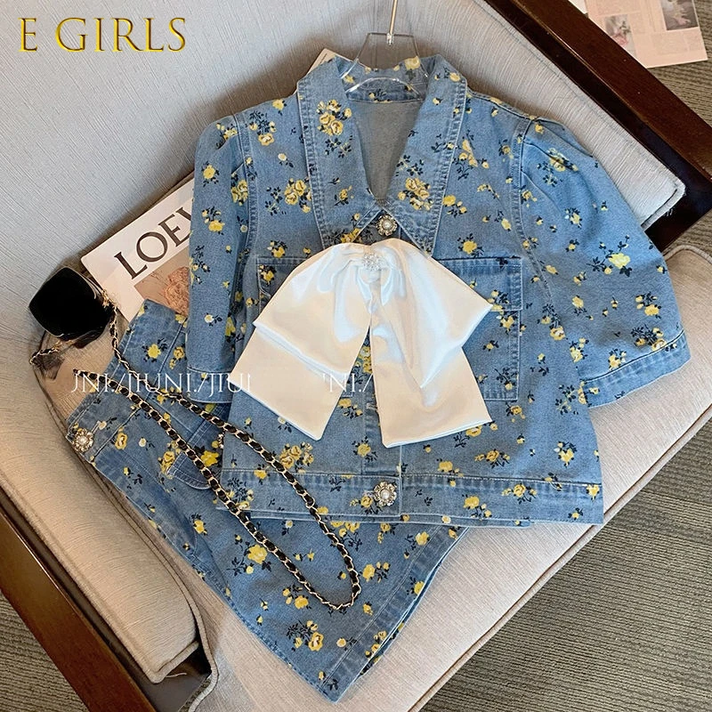 E GIRLS Floral Demin Two Pieces Women Sets Chic Bowknot Puff Sleeve Turn-down Collar Short Tops + High Waist A-line Mini Skirt
E GIRLS Floral Demin Two Pieces Women Sets Chic Bowknot Puff Sleeve Turn-down Collar Short Tops + High Waist A-line Mini Skirt