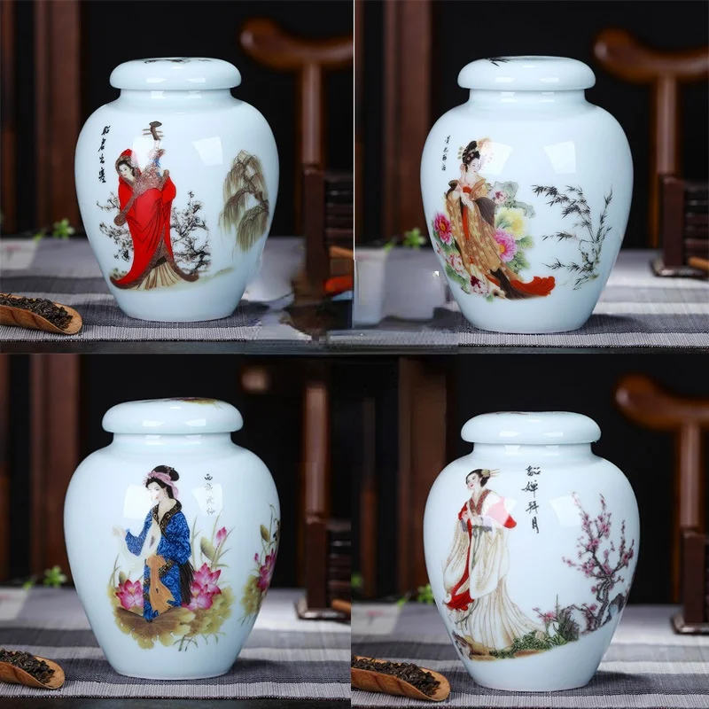 

Four Beautiful Women Ceramic Big Tea Caddy Box Porcelain Sealed Kung Fu Tea Bottles & Jars Storage Canister Decorative Vase