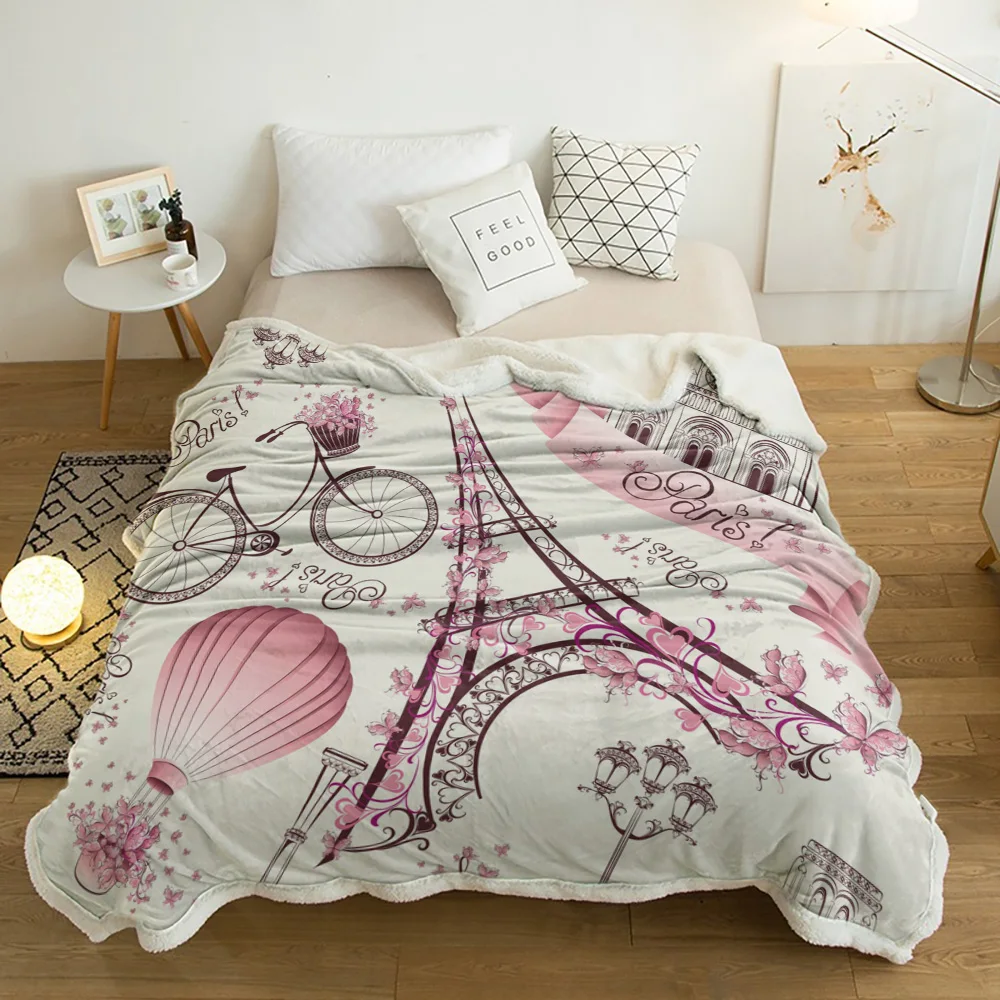 

Paris Eiffel Tower Bicycle Flowers Lamb Cashmere Fleece Blanket Home Bed Sofa Winter Sherpa Bedding Kids Thick Bedspread