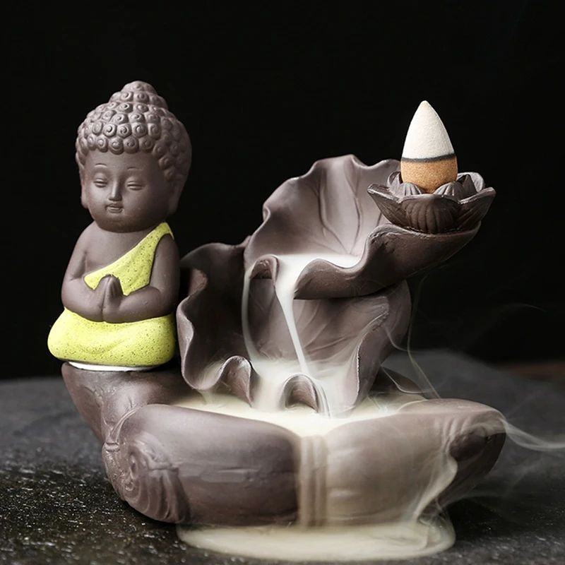 

AT14 Little Monk Smoke Backflow Burner Incense Stick Holder Maitreya Buddha Statue Porcelain Waterfall Censer Home Decor