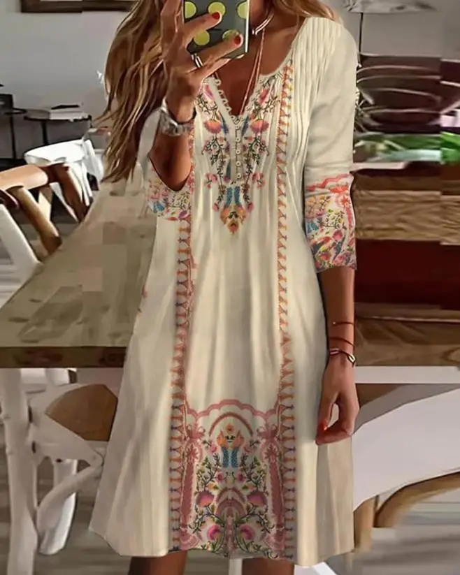 

Fashion Dresses for Women 2023 Summer Vintage Tribal Print Button Detail Long Sleeve Casual Vacation ladies Straight Midi Dress