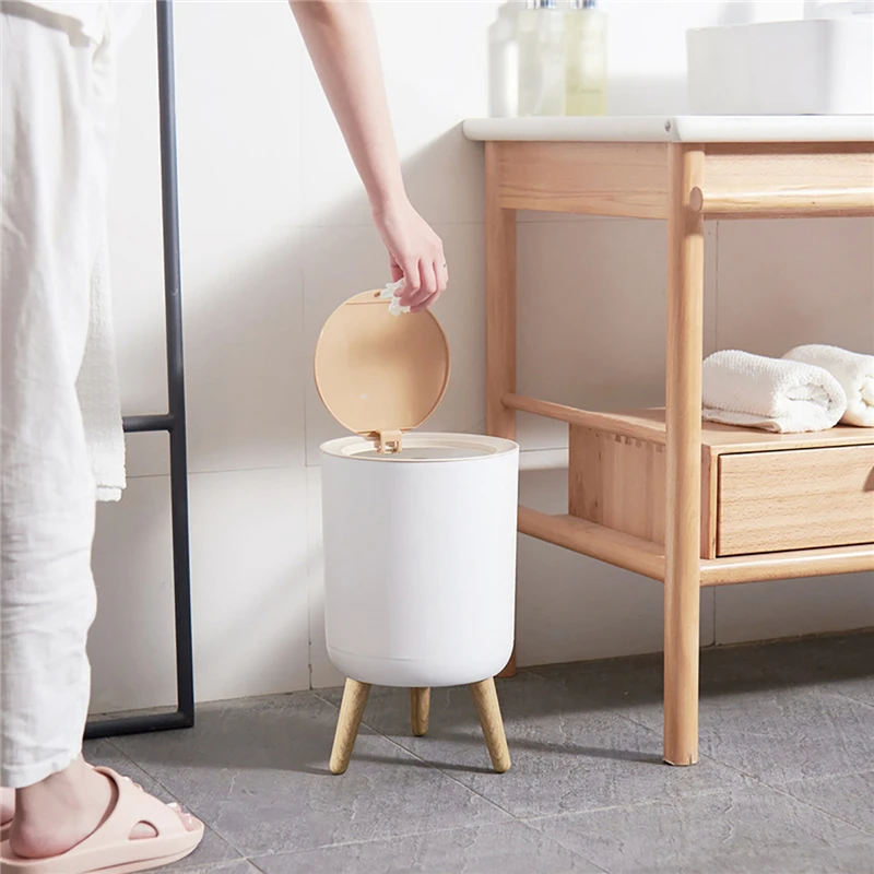 

Nordic Modern Pressing Type Garbage Can with Legs Wood Grain Waste Bins White Storage Bins Kitchen Bedroom Office Trash Bucket