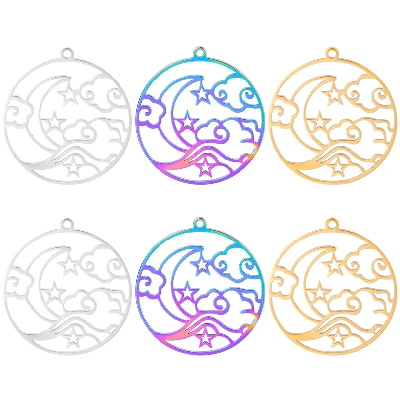 5pcs/Lot Fashion Hollow Moon Star Nebula Auspicious Cloud Round Pendant Stainless Steel Three Color Charms For Necklace Making
5pcs/Lot Fashion Hollow Moon Star Nebula Auspicious Cloud Round Pendant Stainless Steel Three Color Charms For Necklace Making
