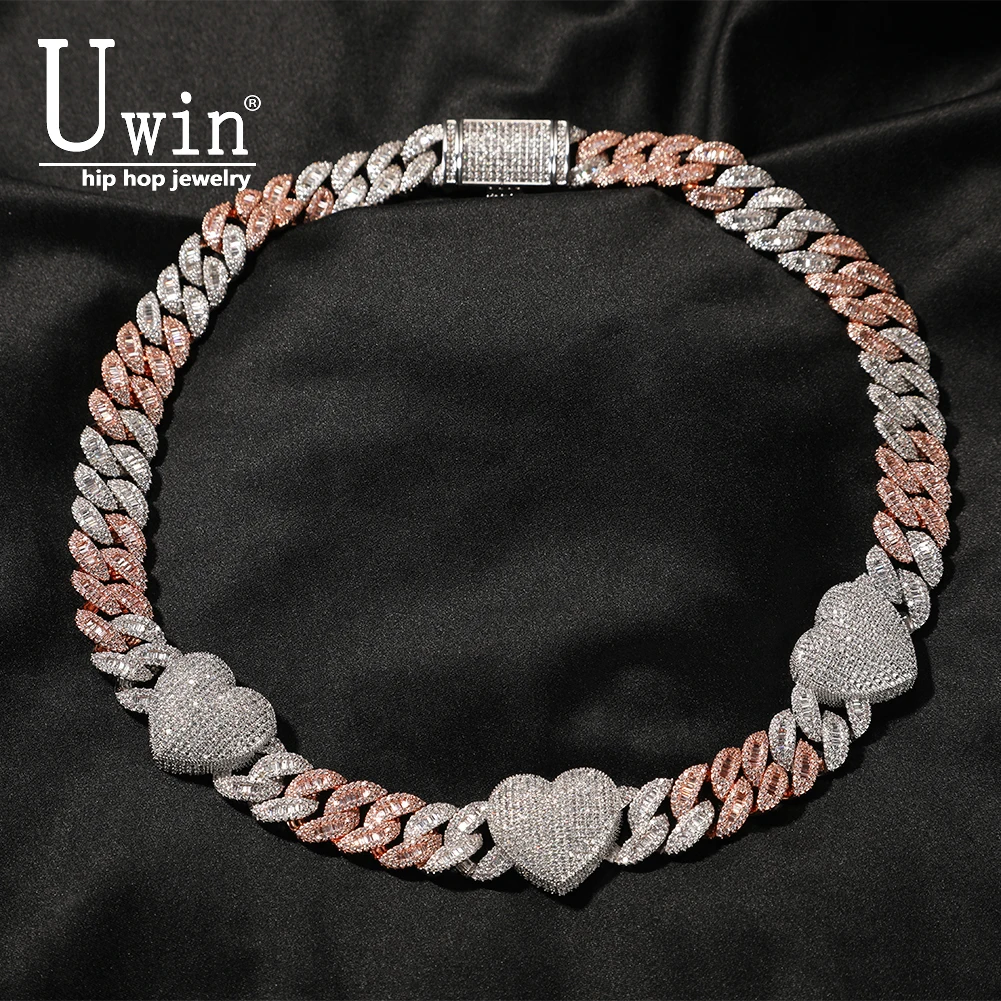 

UWIN 16MM Miami Cuban Necklace Bracelet With 3 Big Hearts Iced Out Baguette Cubic Zirconia Fashion Hiphop Jewelry