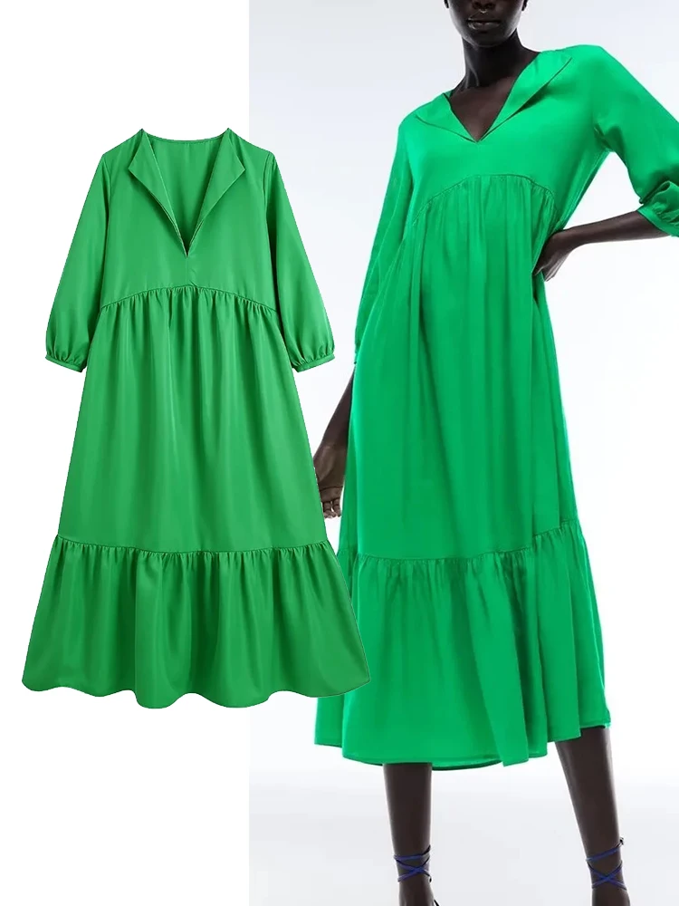 TRAF Women Fashion Solid Ruffled Midi Dress Vintage V-Neck Three Quarter Sleeves Female Dresses Vestidos Mujer
TRAF Women Fashion Solid Ruffled Midi Dress Vintage V-Neck Three Quarter Sleeves Female Dresses Vestidos Mujer