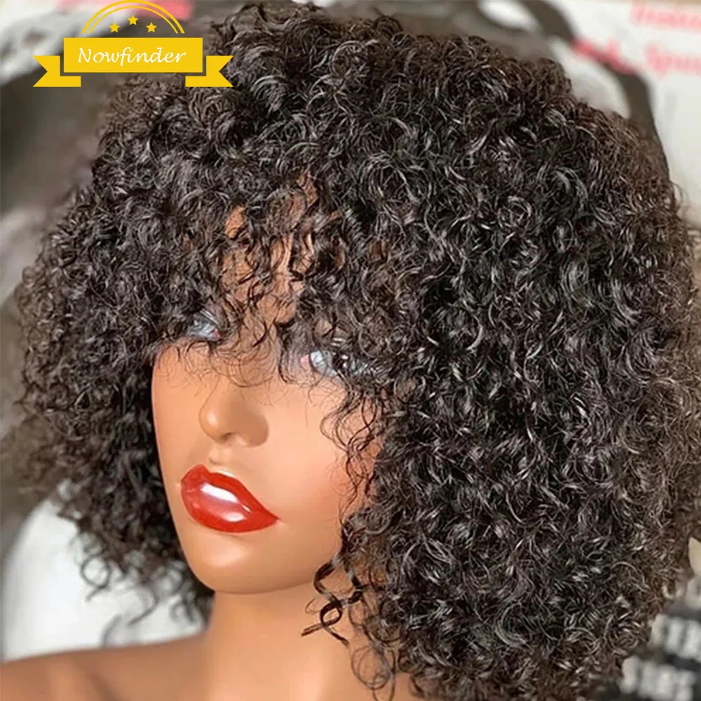 

Honey Blonde Kinky Curly Human Hair Wig With Bang Short Bob Lace Front Wig Pixie Cut Curly Full Machine Human Hair Wig