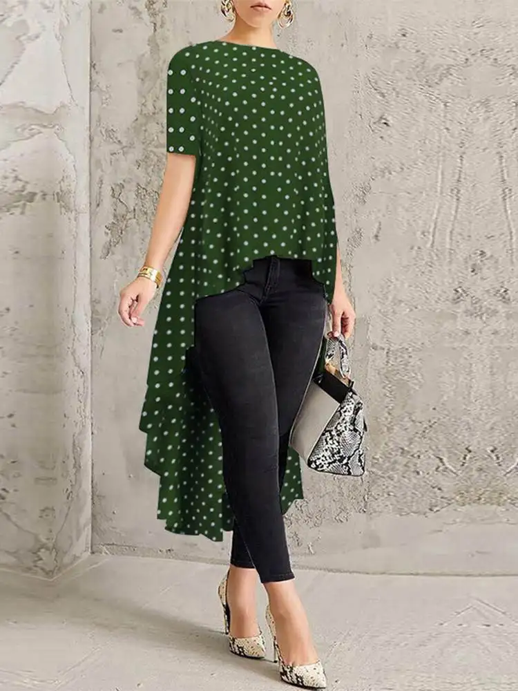 

ZANZEA Summer Fashion Asymmetrical Blouse Polka Dot Printed Tops Casual Elegant OL Blusas Femme Tunic Women Long Chemise 2023