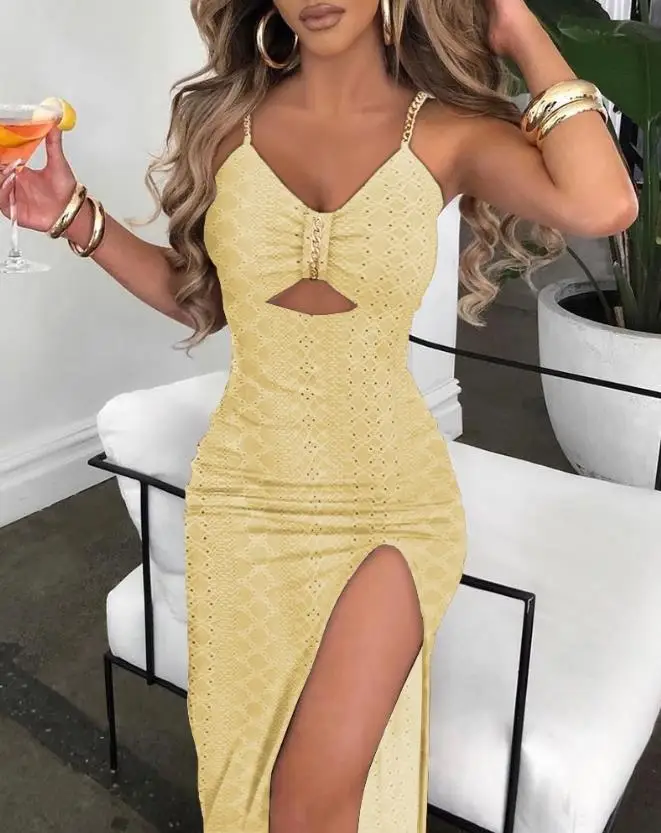 Eyelet Embroidery Chain Strap Dresses for Woman 2023 Summer Fashion New V-Neck Sleeveless High Slit Sexy Skinny Maxi Dress
Eyelet Embroidery Chain Strap Dresses for Woman 2023 Summer Fashion New V-Neck Sleeveless High Slit Sexy Skinny Maxi Dress