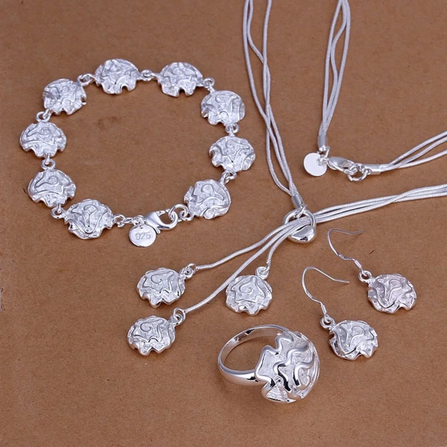 Silver color Women lady wedding jewelry temperament flower necklace bracelets Earrings ring fashion jewelry sets
Silver color Women lady wedding jewelry temperament flower necklace bracelets Earrings ring fashion jewelry sets