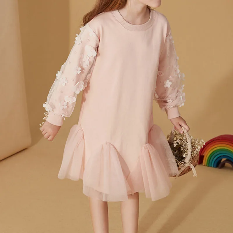 Детское Сетчатое платье с цветами Forest Kids элегантное розовое из хлопка кружевами