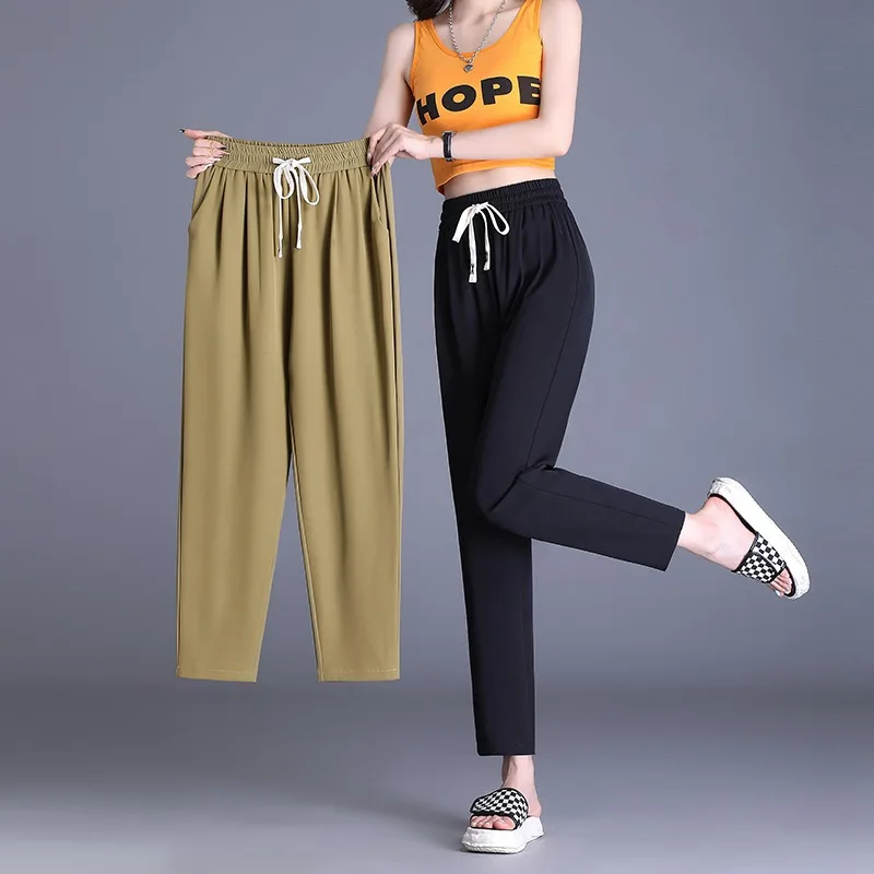 Women's Clothes Summer Suit Pants Thin Ice Silk Harun Baggy Straight High Waist Skinny Leisure Drawstring Pencil Trousers
Women's Clothes Summer Suit Pants Thin Ice Silk Harun Baggy Straight High Waist Skinny Leisure Drawstring Pencil Trousers