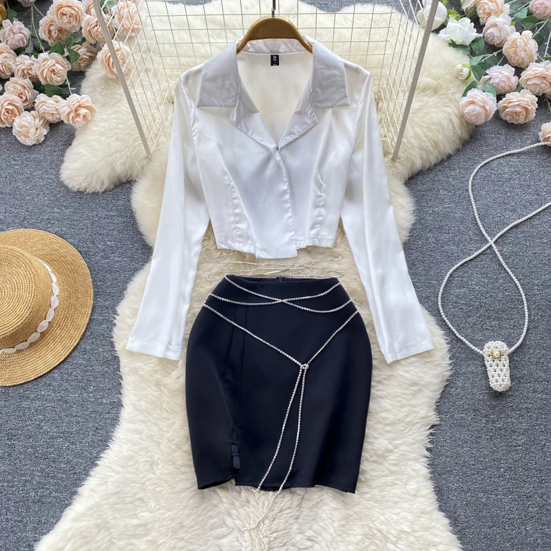 Chic Office Lady Two Piece Sets Womens Outifits Women Set Summer Full Shirt White Crop Tops + Mini Zipper Fly Skirt Dropshipping
Chic Office Lady Two Piece Sets Womens Outifits Women Set Summer Full Shirt White Crop Tops + Mini Zipper Fly Skirt Dropshipping