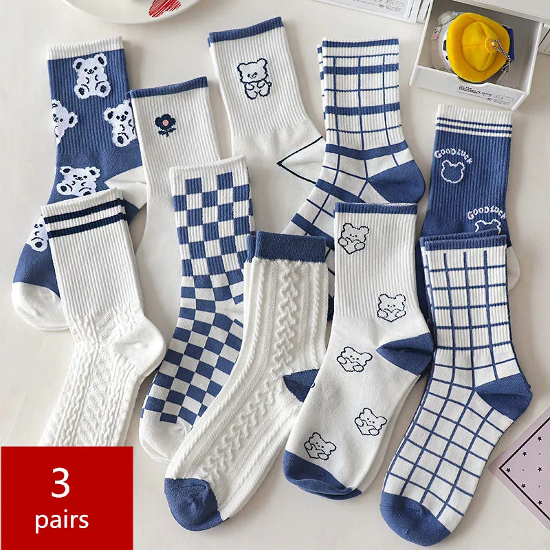 3Pairs Cartoon Bear Women Socks Autumn Winter Blue Plaid Japanese Harajuku Korean Happy Fashion Cotton Checkered Sox Middle Tube
3Pairs Cartoon Bear Women Socks Autumn Winter Blue Plaid Japanese Harajuku Korean Happy Fashion Cotton Checkered Sox Middle Tube