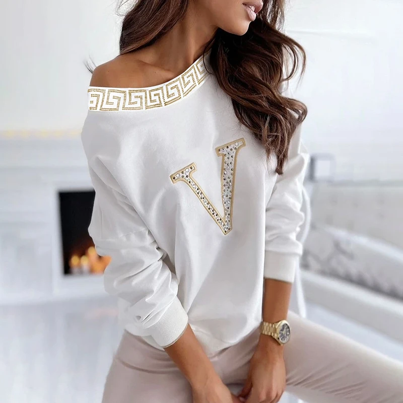 2021 Autumn Women Sexy White Round Neck Fashion T-shirts Daily Wear One Shoulder Rhinestone Letter Long Sleeve Casual Top 
2021 Autumn Women Sexy White Round Neck Fashion T-shirts Daily Wear One Shoulder Rhinestone Letter Long Sleeve Casual Top