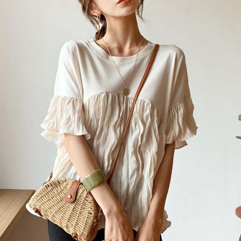 2022 Korean Fashion Summer T-shirt New Bat Pleated Stitching Hem Round Neck Short Sleeve Casual Loose Women Top Female Clothing
2022 Korean Fashion Summer T-shirt New Bat Pleated Stitching Hem Round Neck Short Sleeve Casual Loose Women Top Female Clothing
