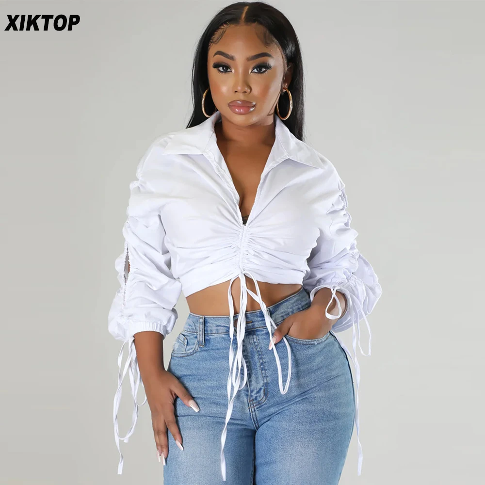 Xiktop White Drawstring Lace-Up Short Shirts Women Street Casual Daily Wear Clothes Long Sleeve Folds Chic Cropped Blouse Tops
Xiktop White Drawstring Lace-Up Short Shirts Women Street Casual Daily Wear Clothes Long Sleeve Folds Chic Cropped Blouse Tops